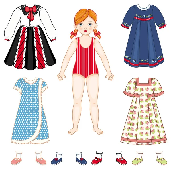 Paper doll and set of clothes - dresses and shoes — Stock Vector