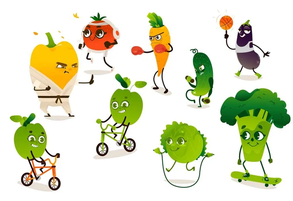 Ensemble de légumes drôles faisant des exercices sportifs — Image vectorielle