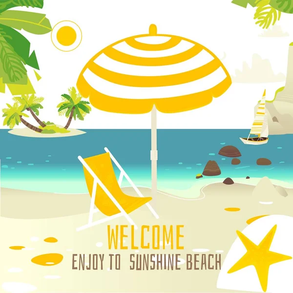 Tropic beach banner with rocks, yacht, sun chair — Stock Vector