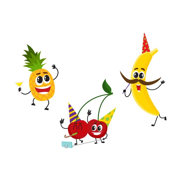 Conjunto de personagens de festa de verão de fruta plana vetorial —  Vetores de Stock