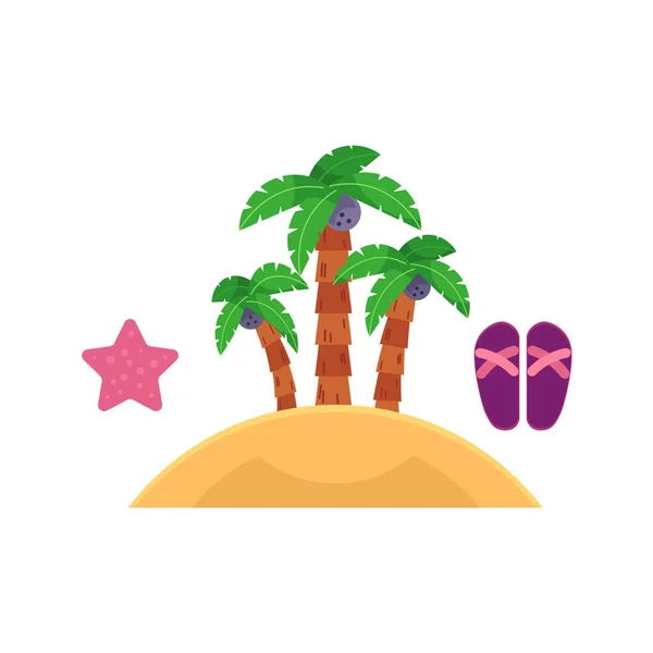 Пальмовый остров, морская звезда и пляжные шлепанцы — стоковый вектор