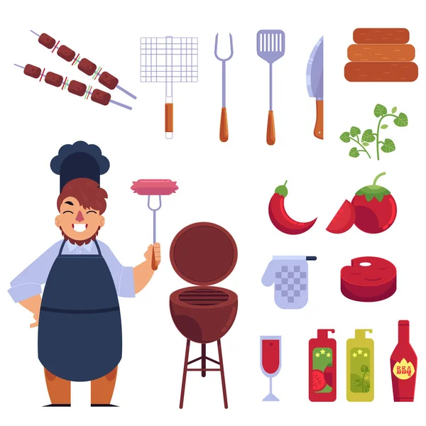 Ensemble de dessin animé de style plat de barbecue, barbecue et cuisinier drôle — Image vectorielle