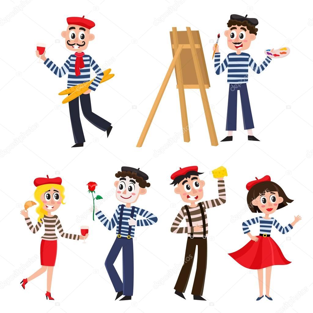 Set of funny French people, mimes, artist, food