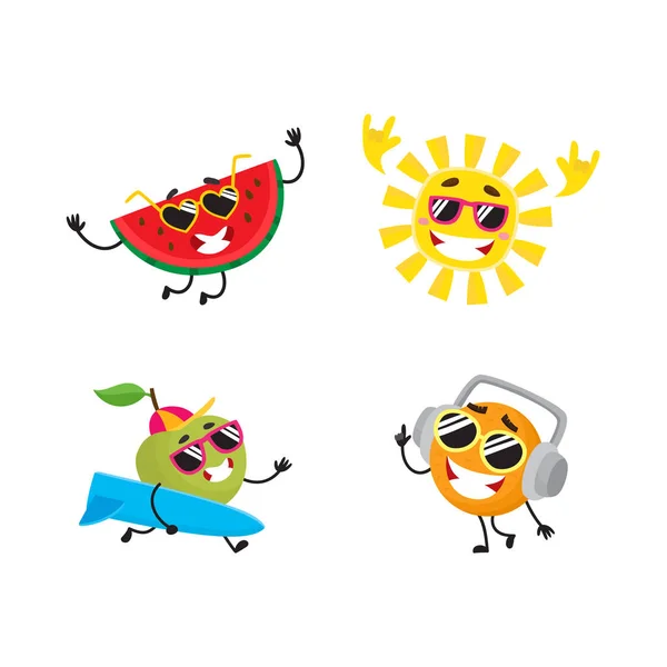 Vector de dibujos animados de verano personajes de frutas icono conjunto — Archivo Imágenes Vectoriales