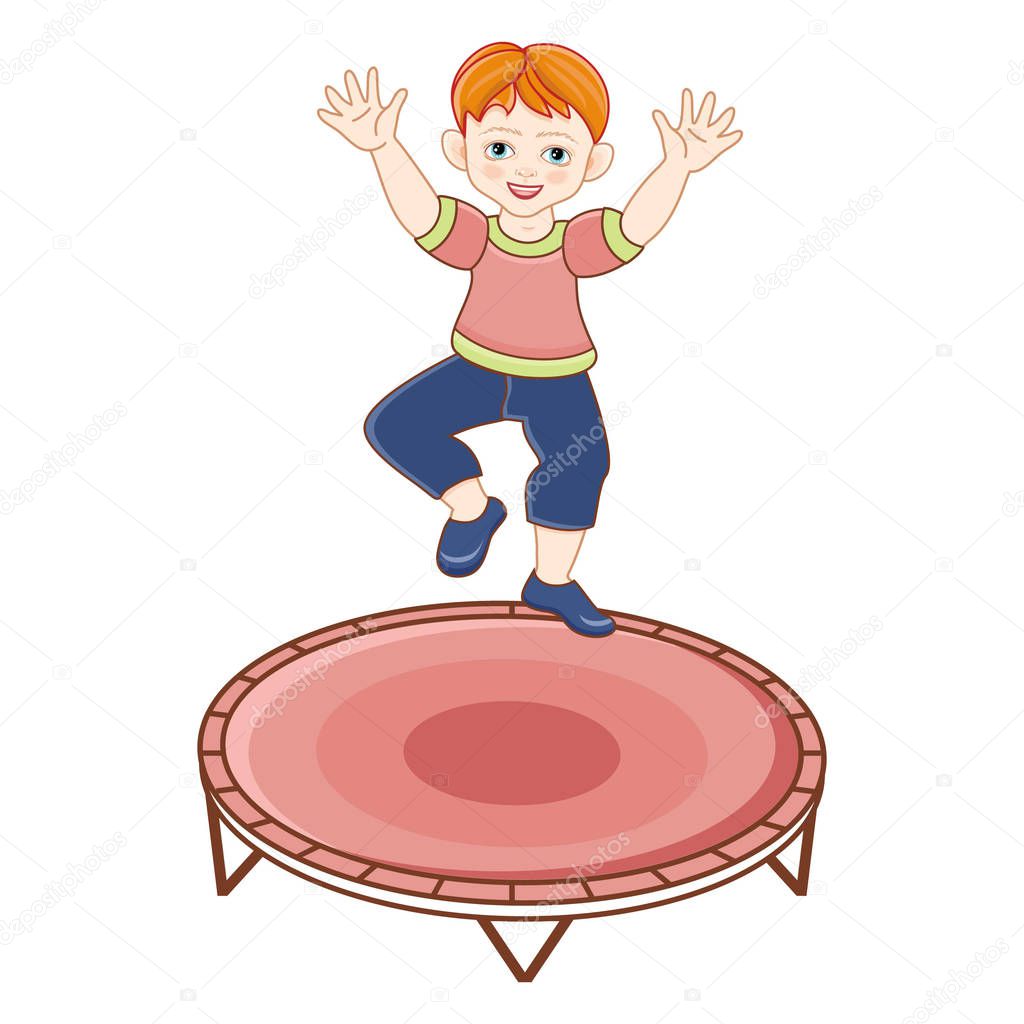 Vector flat redhead boy jumping at trampoline