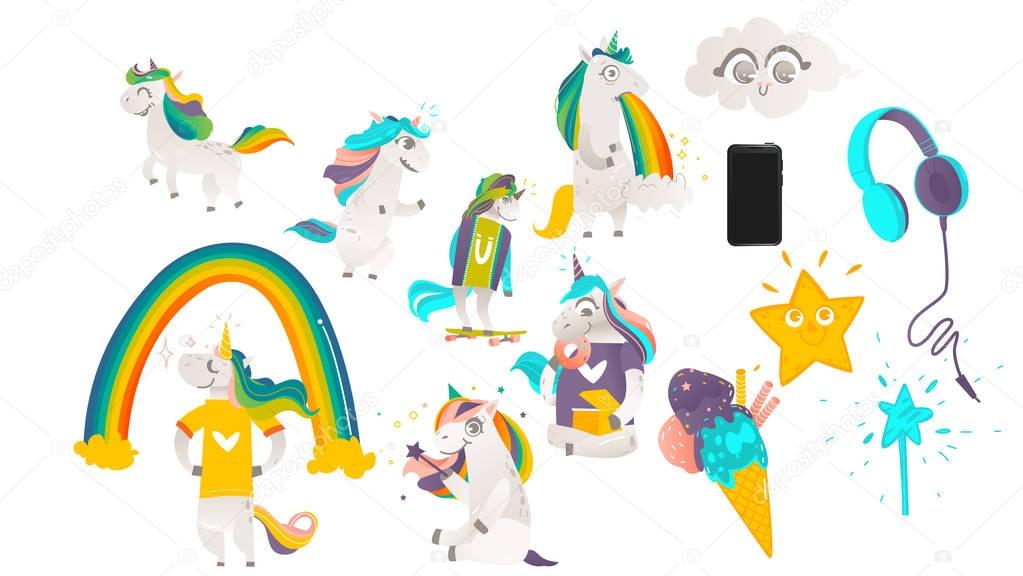 Vector cartoon unicorns, magic objects set