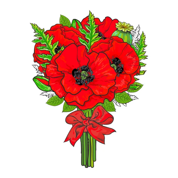 Ramo grande de flores de amapola roja atadas con cinta — Vector de stock