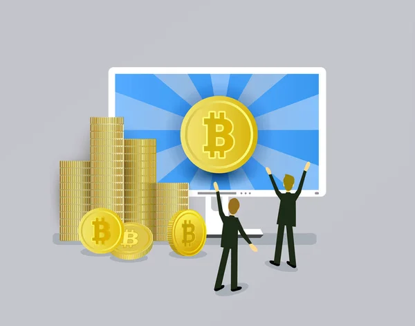 Affärsmän, dator och travar av bitcoin mynt — Stock vektor