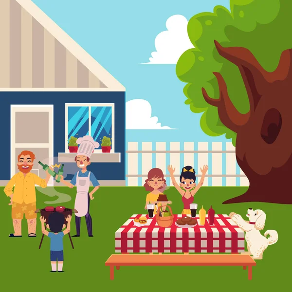 快乐的家庭在院子里烧烤野餐 — 图库矢量图片