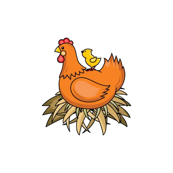 Vector vlakke hand getrokken kip in nest geïsoleerd — Stockvector
