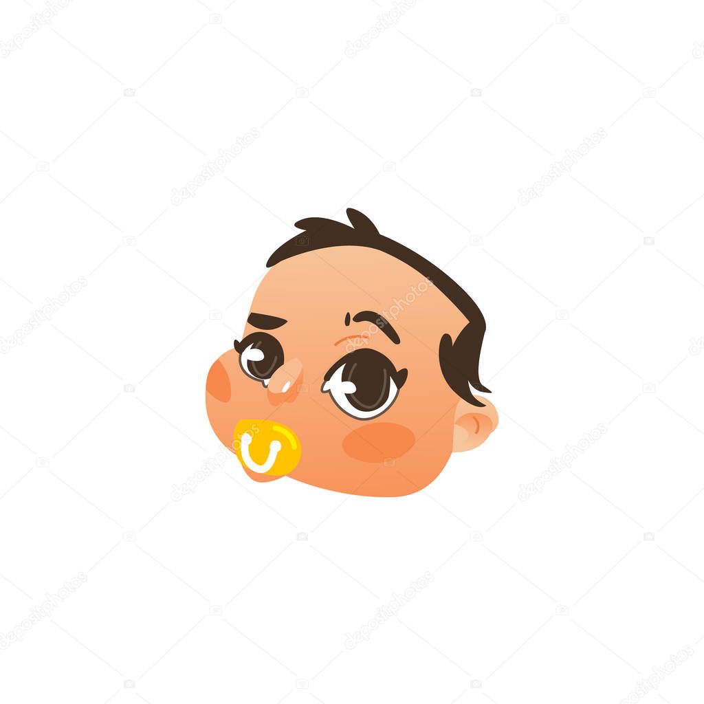 Comic face, head of baby, infant sucking pacifier
