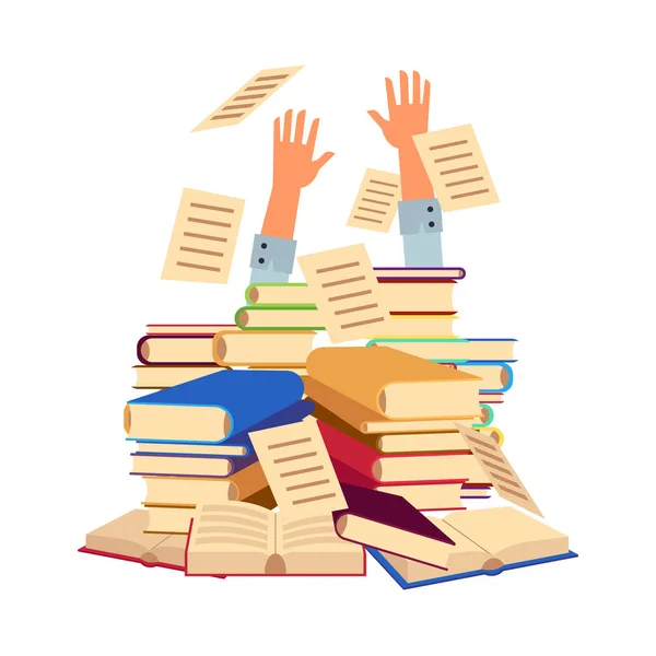 Vector homem plana mãos saindo livros pilha heap — Vetor de Stock