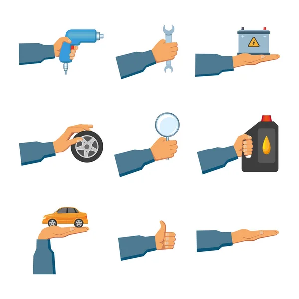 Set of auto service, maintenance icons with hands — Stock Vector