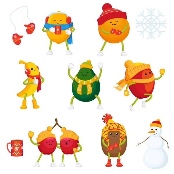 Vector de dibujos animados de invierno personajes de frutas conjunto de símbolos — Archivo Imágenes Vectoriales