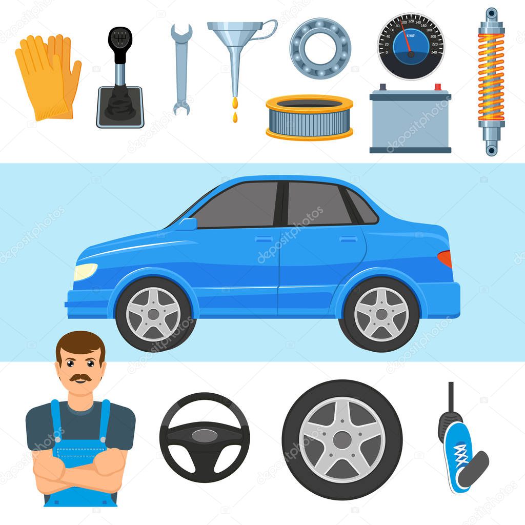 Big set of automobile parts, vehicle and mechanic