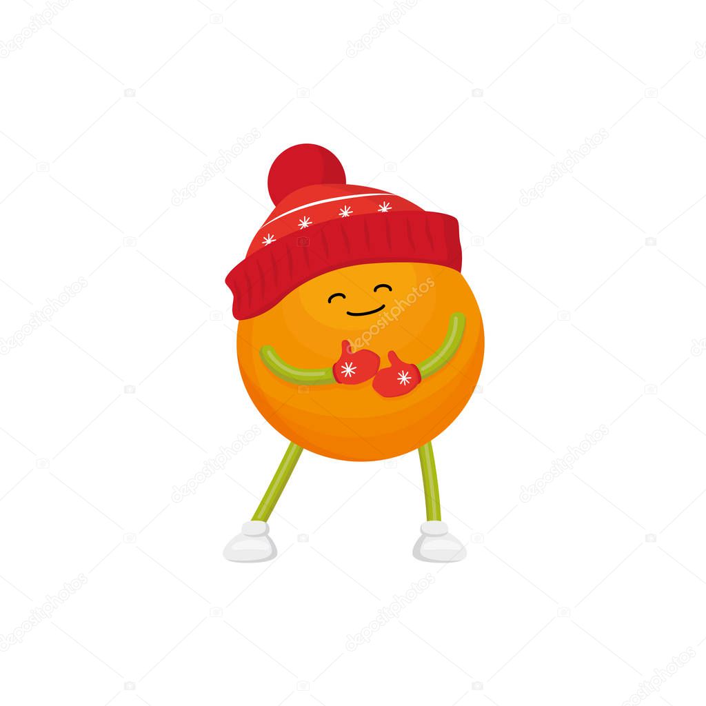 Vector winter fruit orange in hat, mittens