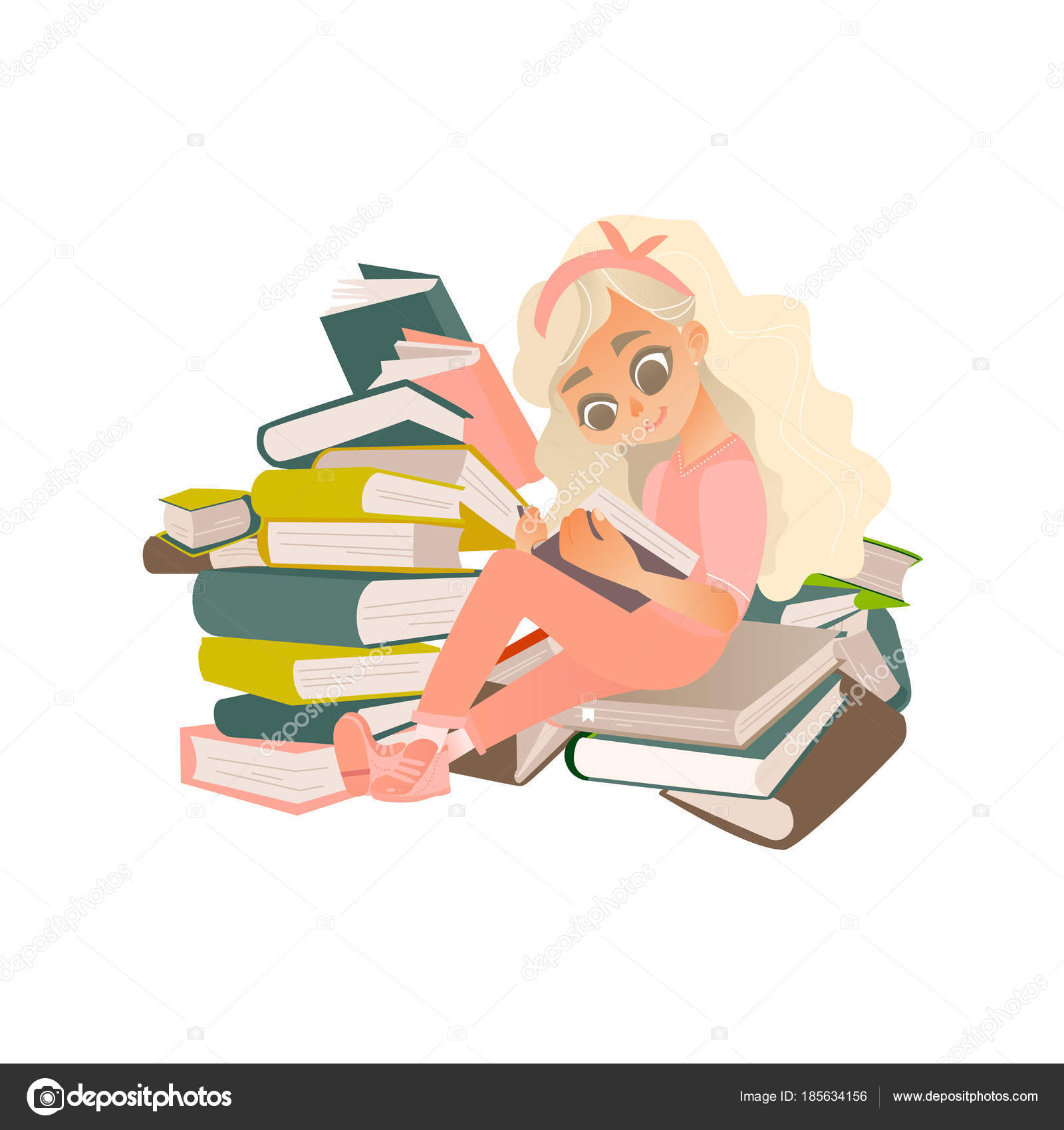 Vector cartoon girl reading book sitting book pile Stock Vector Image by ©Sabelskaya #185634156 Vector cartoon girl reading book sitting book pile Stock Vector Image by ©Sabelskaya #185634156