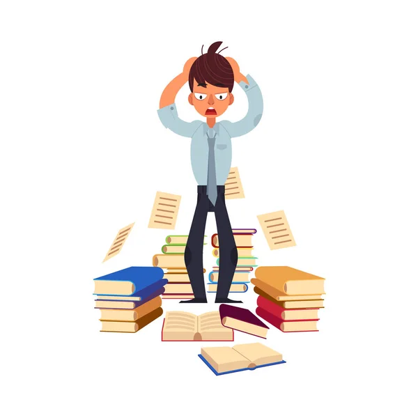 Vektor flach gestresster erschöpfter Mann mit Büchern — Stockvektor
