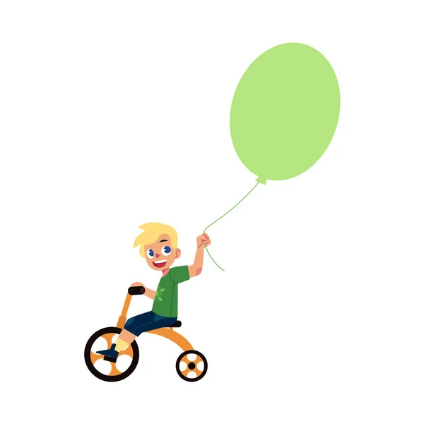 Vector flat boy riding bicycle air balloons — стоковый вектор