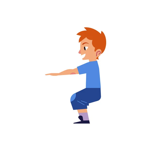 Vektor Cartoon Junge Kind macht Kniebeugen-Übungen — Stockvektor
