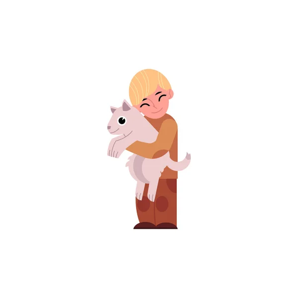 Vector cartoon boy teen kid hugging dog — Stock Vector