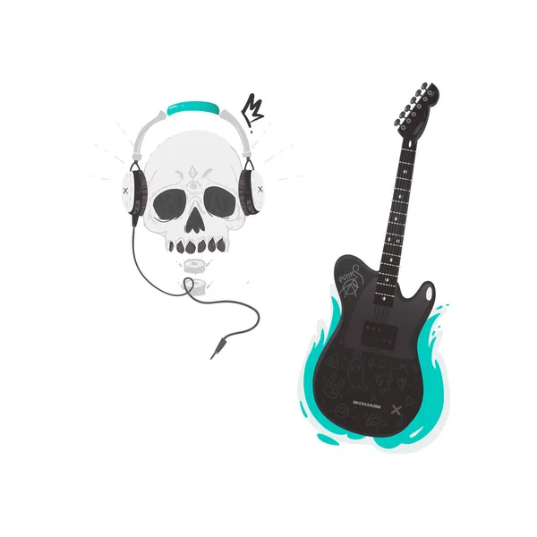 Vektor flache schwarze E-Gitarre Totenkopf Kopfhörer — Stockvektor