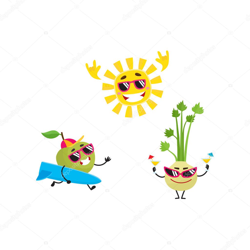 Vector cartoon summer fruit characters icon set