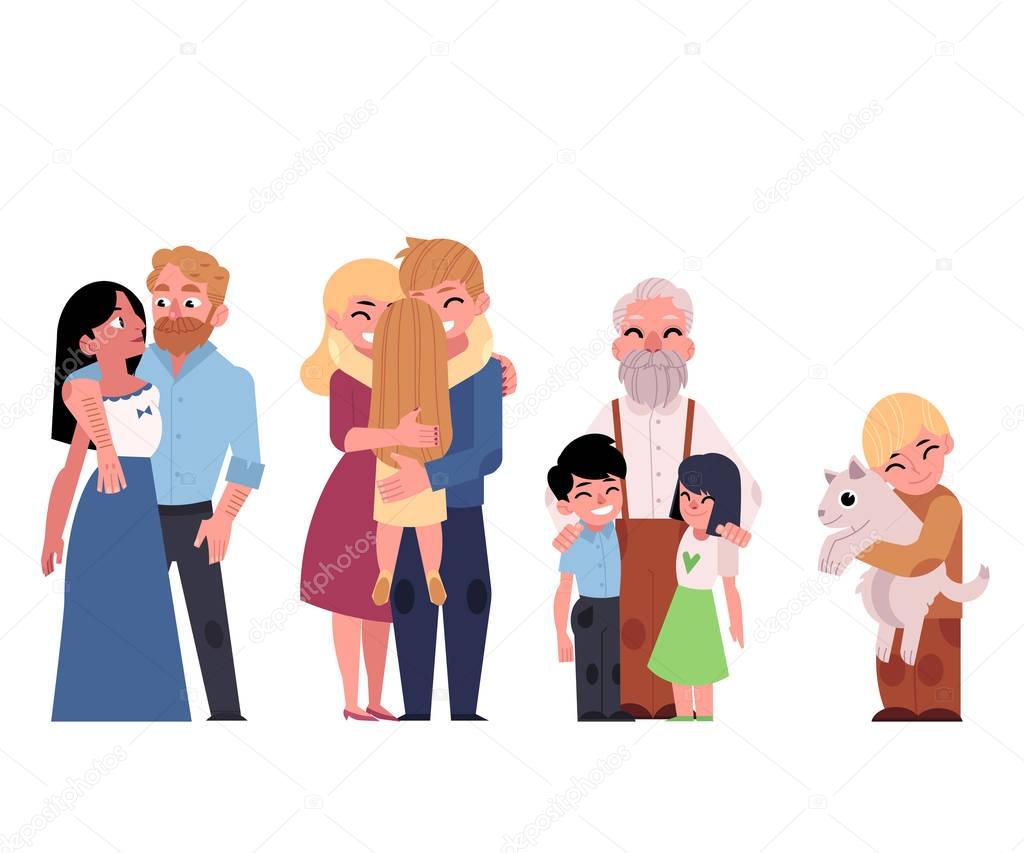 Vector flat family characters hugging set