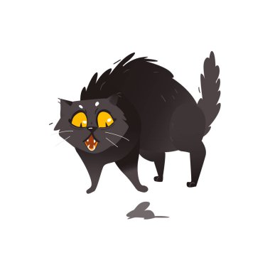 Cute fluffy fat black cat scared of little mouse clipart