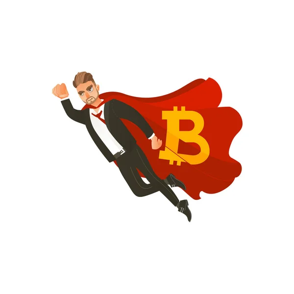 Mann fliegt als Superman in Umhang mit Bitcoin-Symbol — Stockvektor