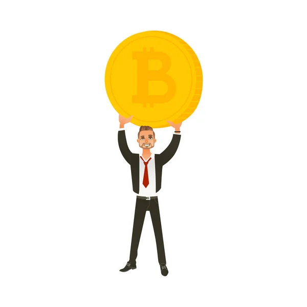 Affärsman som innehar ett jätte bitcoin gyllene mynt — Stock vektor