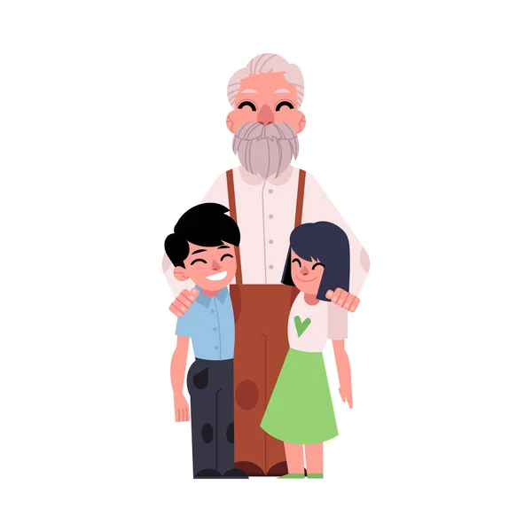 Retrato familiar, abuelo abrazando nietos — Vector de stock