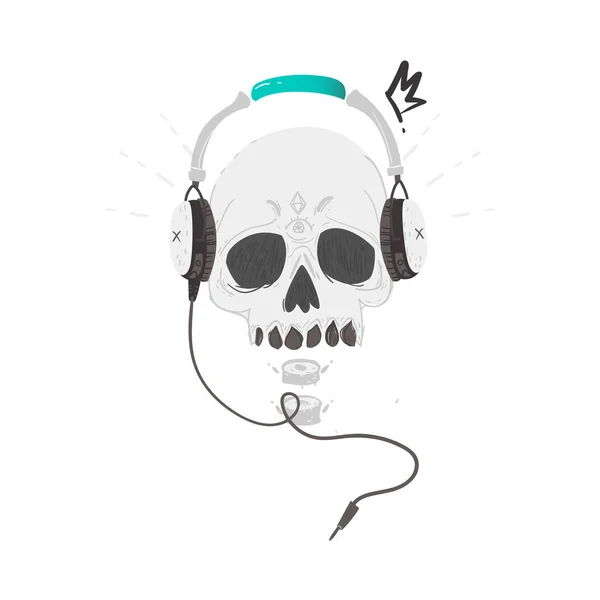 Menselijke schedel in koptelefoon, hipster rock muziek pictogram — Stockvector
