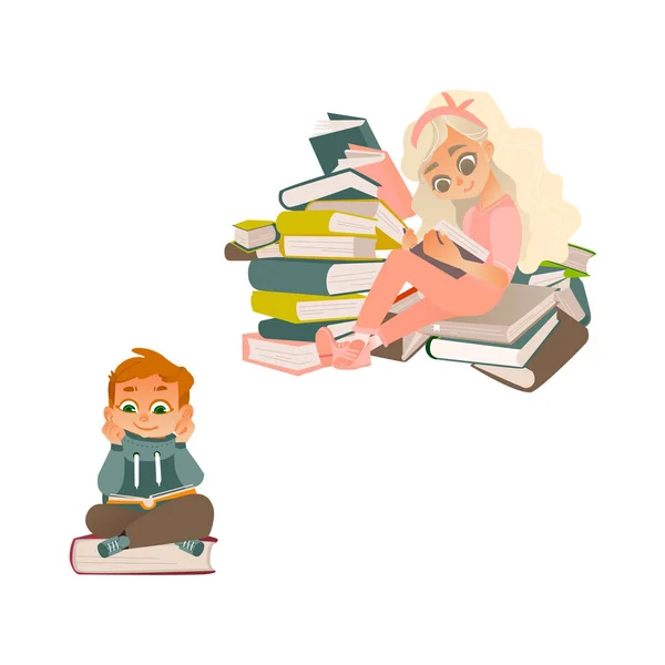 Vector desenho animado menina, menino leitura livro sentado livro — Vetor de Stock