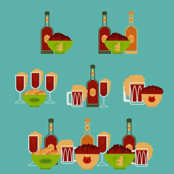 Collection de différents ensembles avec de la bière claire et foncée en bouteilles — Image vectorielle
