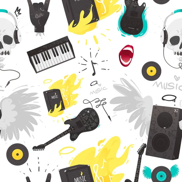Rock trucs de musique et d'instruments de musique motif sans couture . — Image vectorielle