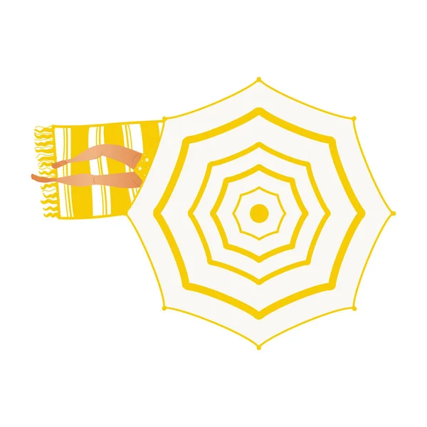 Elemento de férias de verão da menina em maiô amarelo deitado na toalha sob guarda-chuva de praia . — Vetor de Stock