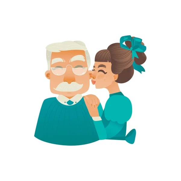 Cartoon ragazza baciare anziano nonno guancia — Vettoriale Stock