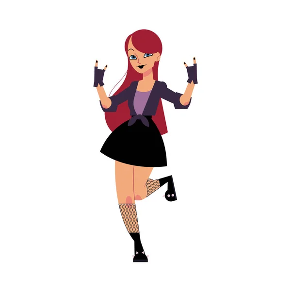 Joven mujer rock con el pelo largo y rojo quedarse y hacer los cuernos gesto de la mano . — Vector de stock