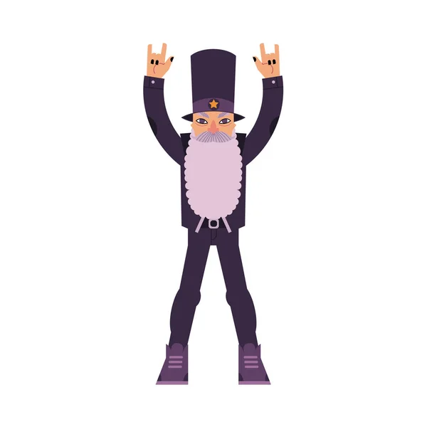 Пожилой рок-человек с длинной бородой и жестом ручных рогов . — стоковый вектор