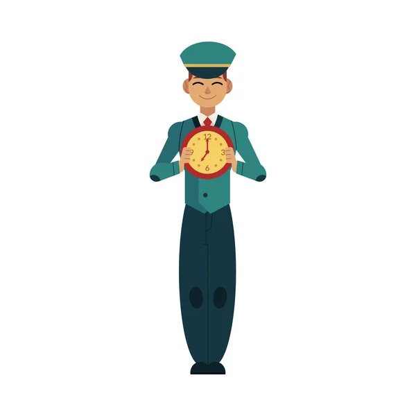 Caractère ouvrier avec concept de conception du temps. Jeune facteur caucasien en uniforme tenant horloge devant lui . — Image vectorielle