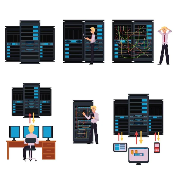 Reihe von Serverraumbildern mit Rechenzentrum und jungem Systemadministrator. — Stockvektor