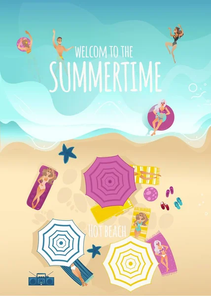 Sommaren beach semester och semester tid vertikal banner med sol och bad. — Stock vektor