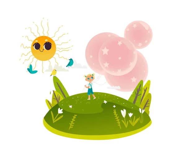 小女孩散步和持有一堆非常大的粉红色热气球. — 图库矢量图片