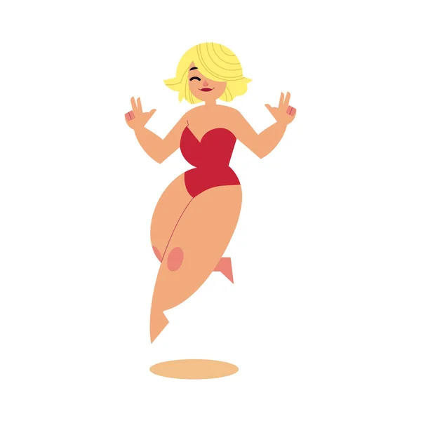 Vector dibujos animados regordeta sobrepeso mujer traje de baño correr — Archivo Imágenes Vectoriales