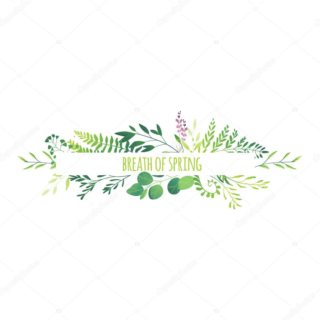 Horizontal banner - green leaves flowers branches