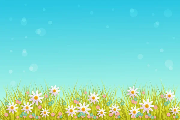 Primavera grama e flores fronteira no fundo do céu azul com espaço vazio para texto . — Vetor de Stock