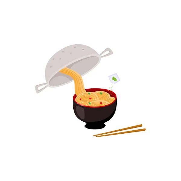 Cooking instruction of how to prepare instant noodle with colander and spaghetti in bowl. — Stock Vector