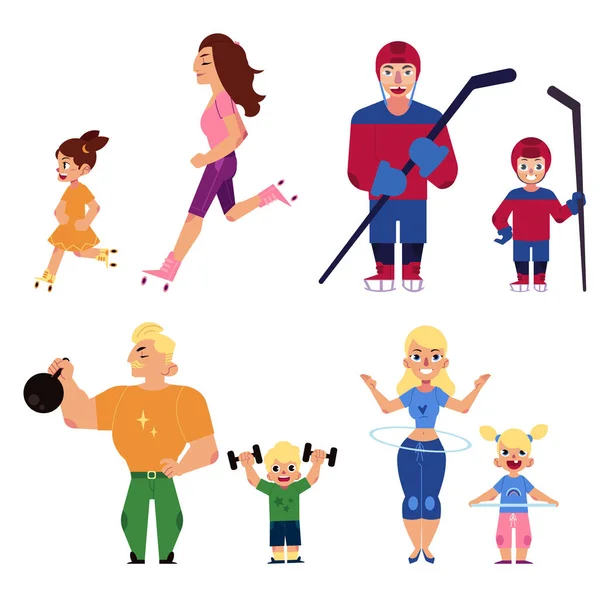 Personas, padres e hijos, haciendo actividades deportivas — Archivo Imágenes Vectoriales