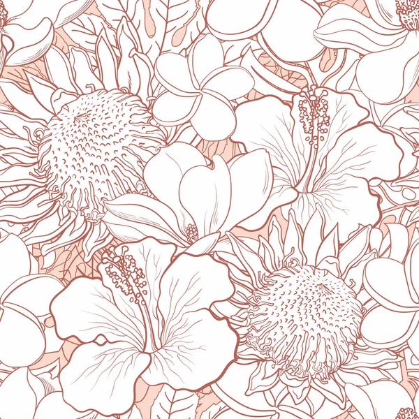 热带花卉无缝图案-白色手画奇特的花朵和叶子的颜色线轮廓. — 图库矢量图片